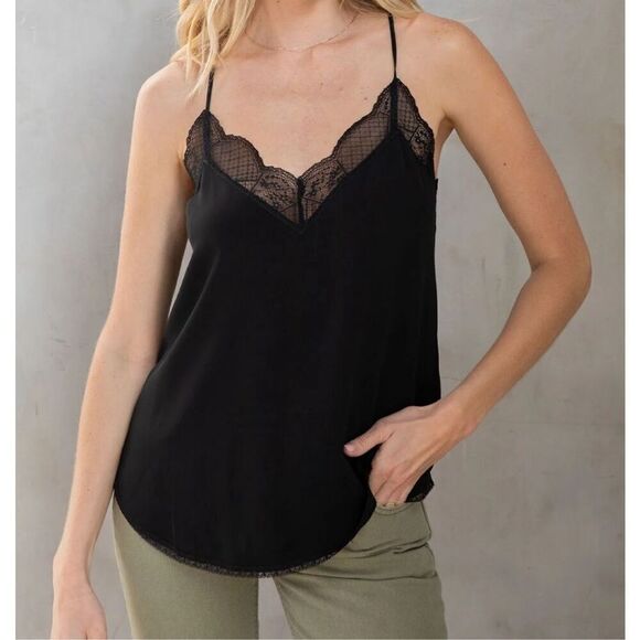 Love stitch black lace camisole top linen/rayon super flowy size L - Picture 1 of 6